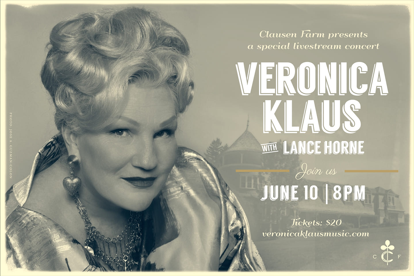 An antique looking postcard announcing a show by Veronica Klaus