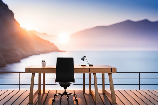 An office desk on a wooden deck overlooking the ocean