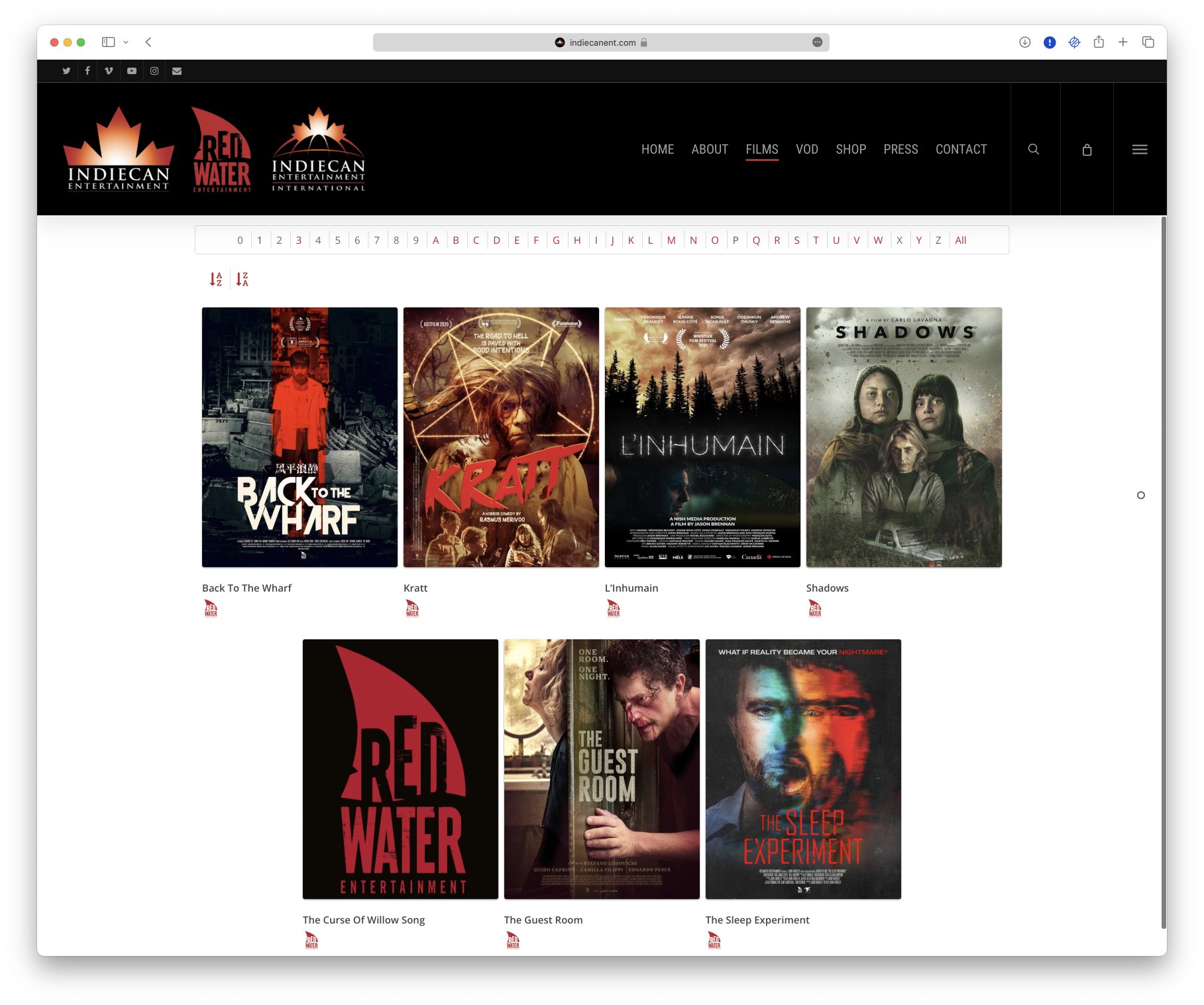 A screen shot of an Indiecan Entertainment movie website.