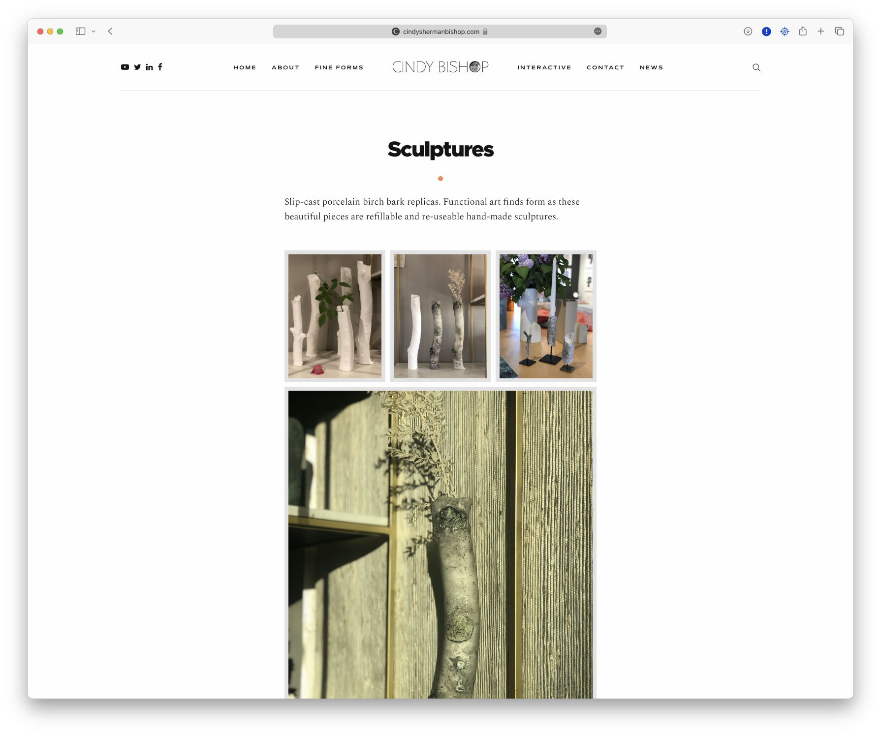 The homepage of a website showcasing an artistic picture of a tree by Cindy Sherman.