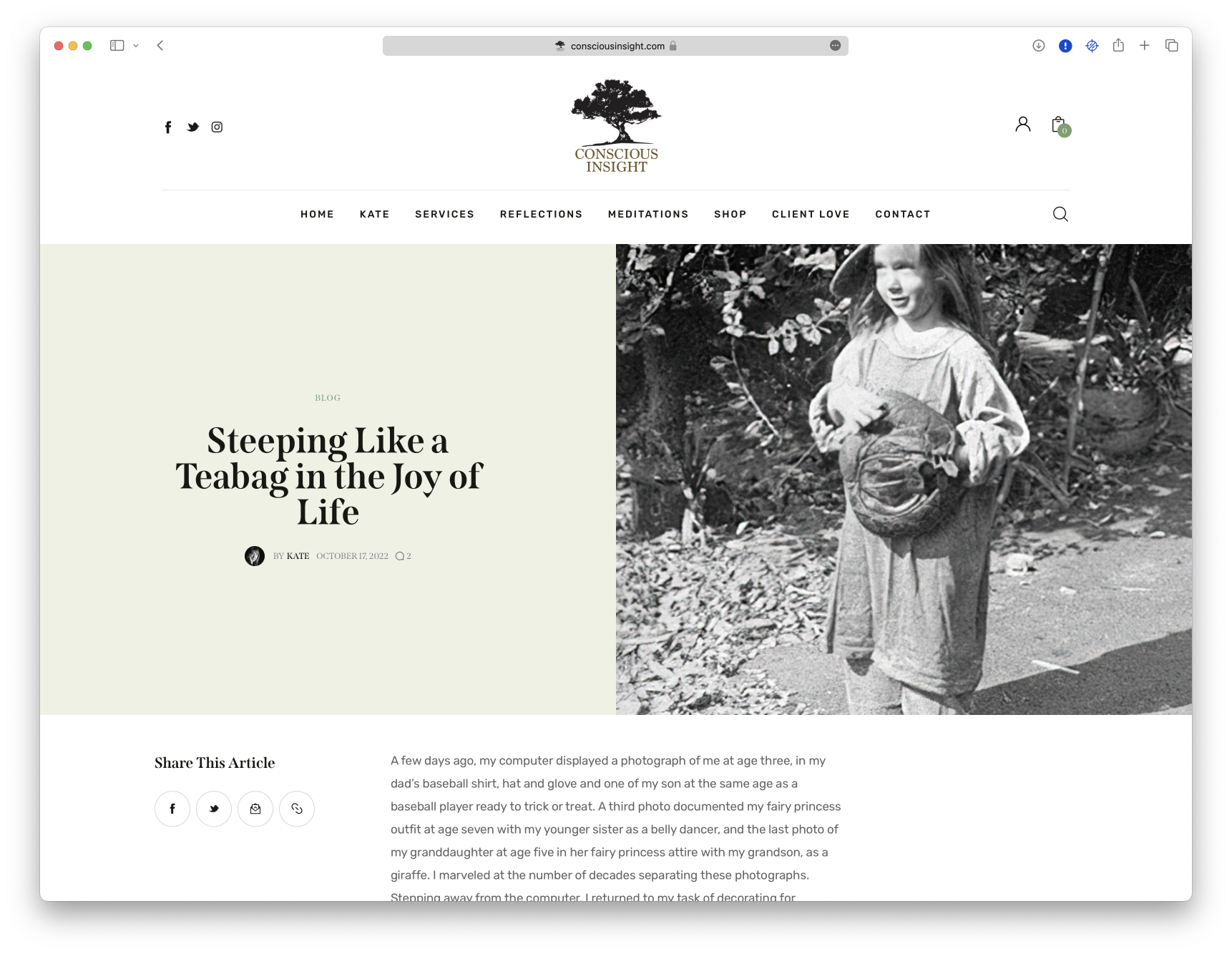 A website featuring a photo of young Kate Anders