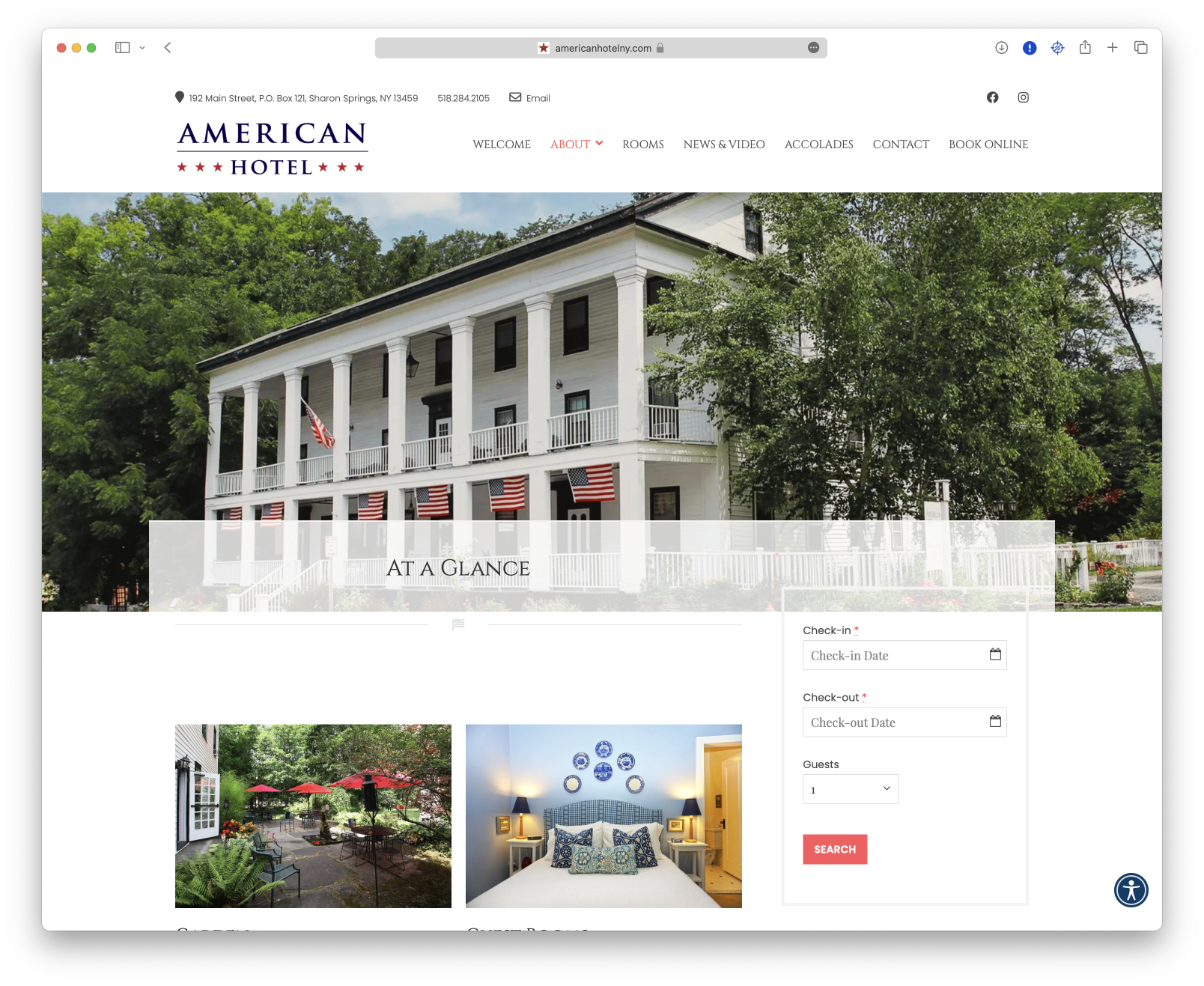 The American Hotel website is displayed on a computer screen.