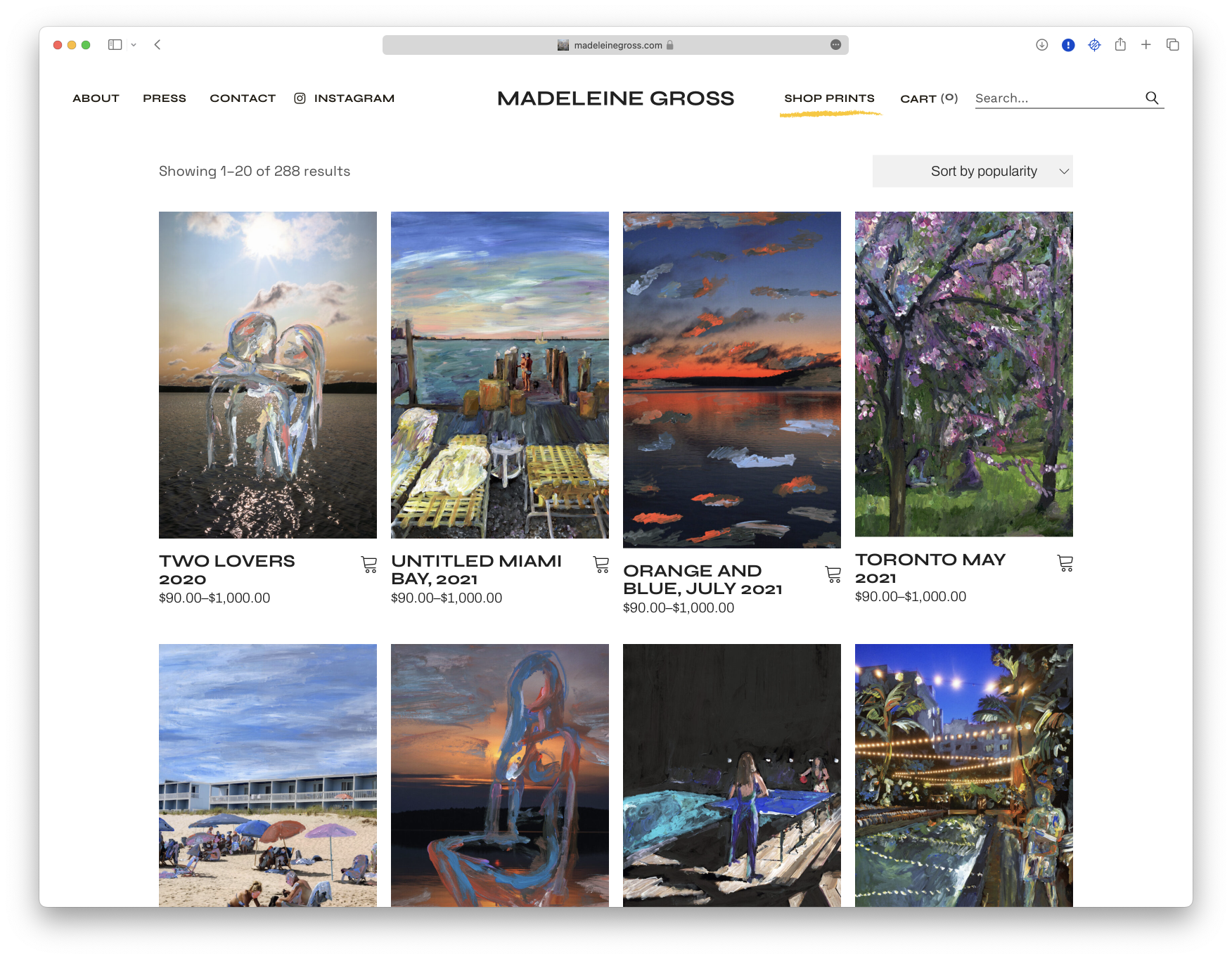 A screen shot of a website displaying art prints