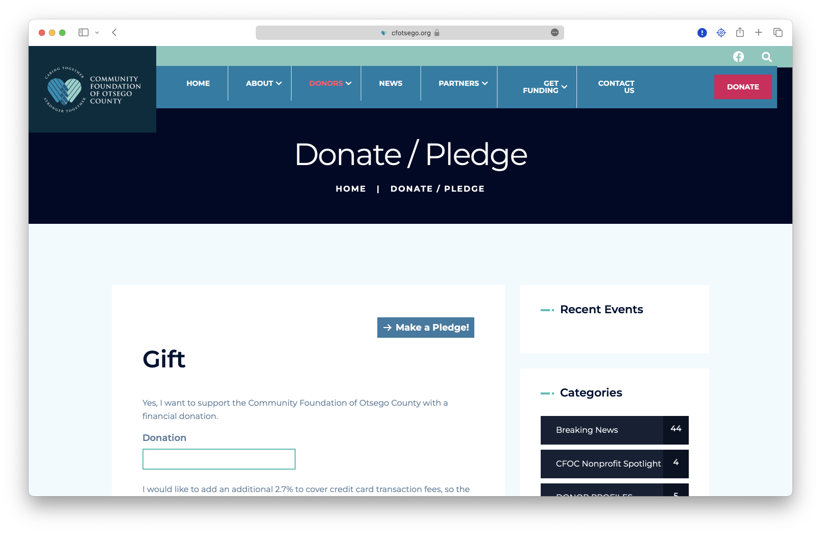 A screen shot of the donate page for the Community Foundation of Otsego County.