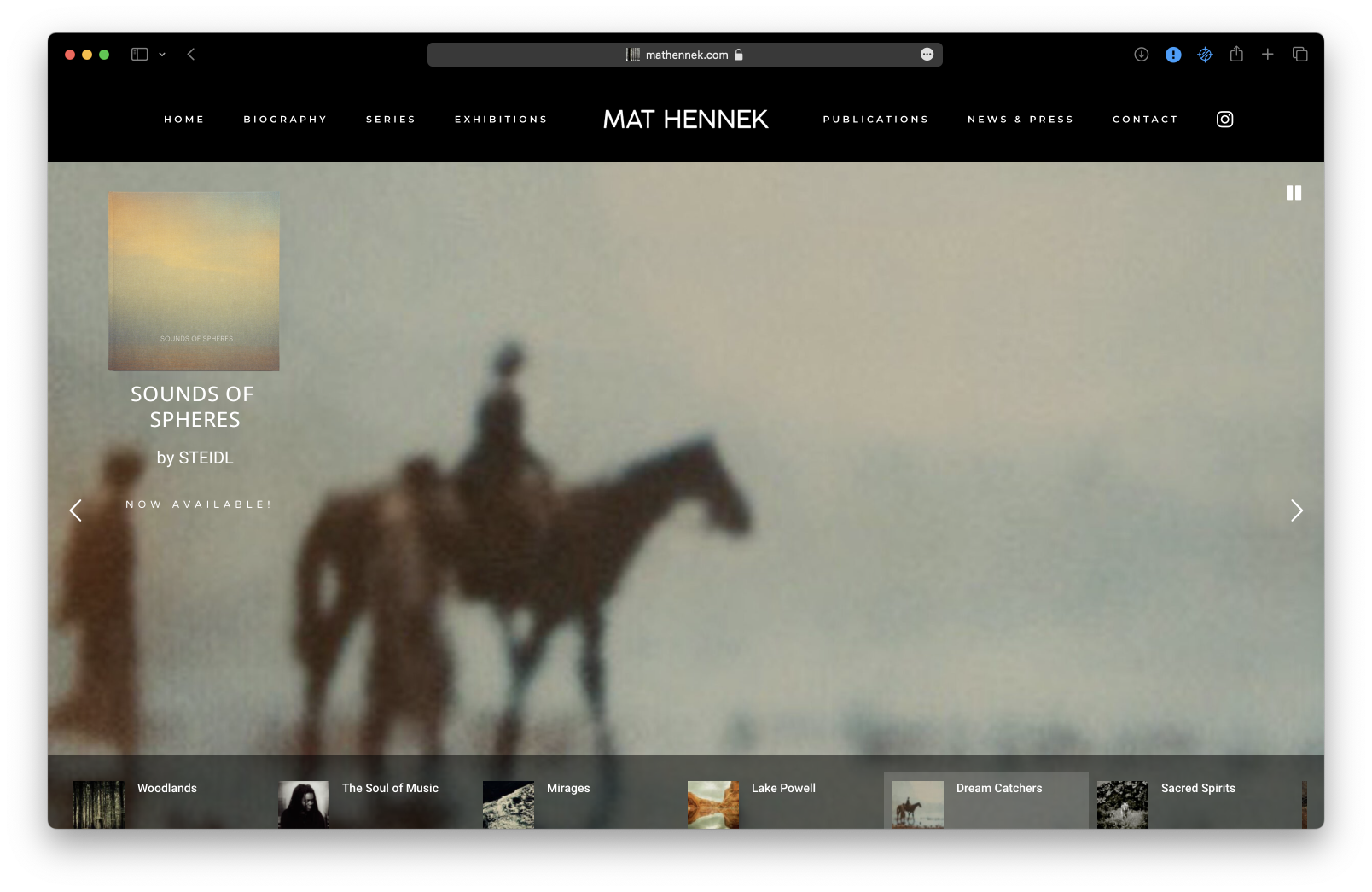 A photo of a man riding a horse on a website featuring Mat Hennek's work.