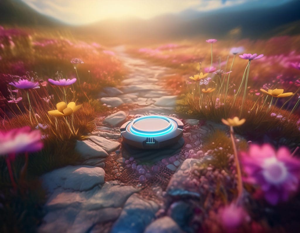 Futuristic device on a scenic country path